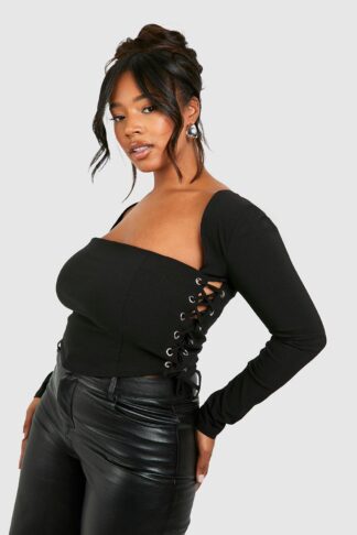 Womens Plus Bengaline Lace Up Square Neck Corset Top - Black - 16, Black