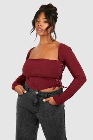 Womens Plus Bengaline Lace Up Square Neck Corset Top - Red - 16, Red