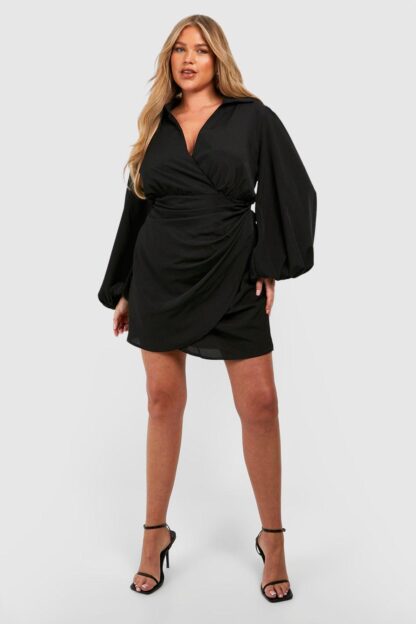 Womens Plus Blouson Sleeve Wrap Dress - Black - 16, Black