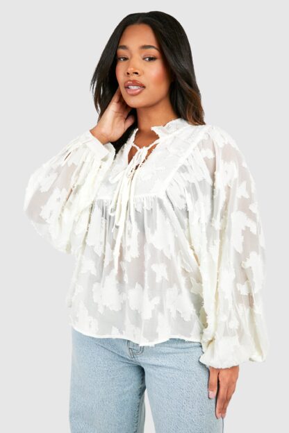 Womens Plus Burnout Mesh Tie Detail Blouse - White - 16, White