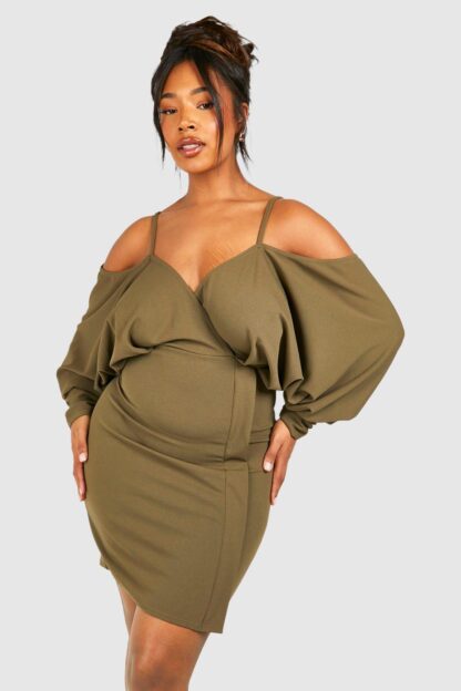 Womens Plus Cold Shoulder Wrap Dress - Green - 16, Green