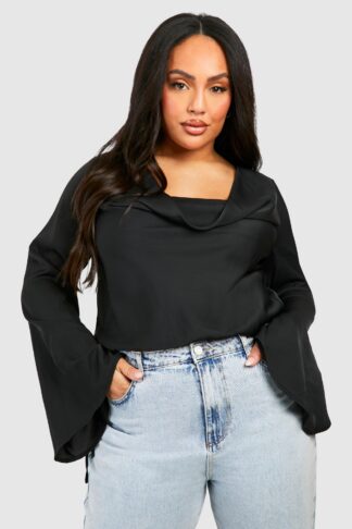 Womens Plus Cowl Flare Sleeve Blouse - Black - 28, Black