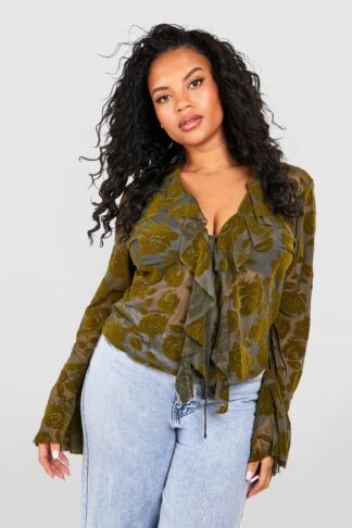 Womens Plus Devore Ruffle Front Blouse - Green - 16, Green