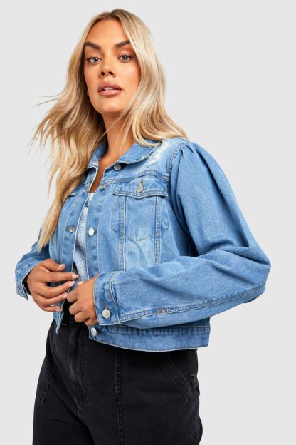 Womens Plus Distressed Puff Shoulder Detail Denim Jacket - Blue - 24, Blue