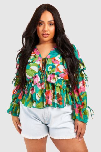 Womens Plus Dobby Mesh Floral Ruffle Detail Long Sleeve Blouse - Green - 22, Green