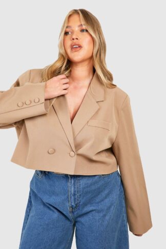 Womens Plus Double Breasted Boxy Crop Blazer - Beige - 16, Beige