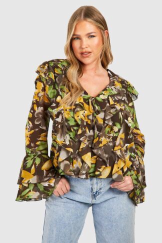 Womens Plus Floral Extreme Ruffle Flare Sleeve Blouse - Brown - 16, Brown