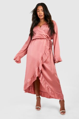 Womens Plus Floral Ruffle Wrap Dress - Pink - 28, Pink