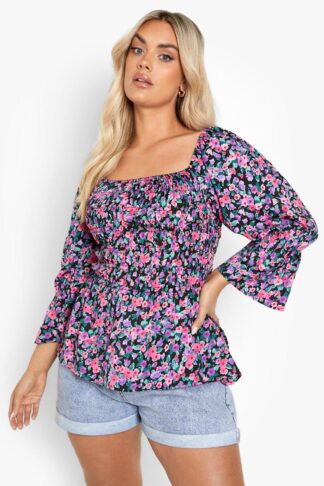 Womens Plus Floral Shirred Frill Hem Blouse - Black - 18, Black