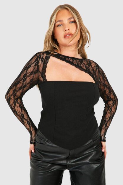 Womens Plus Lace Neckline Corset Top - Black - 28, Black