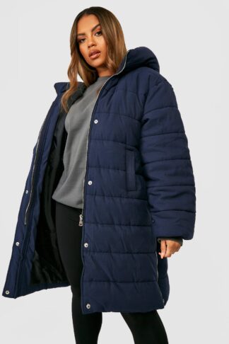 Womens Plus Longline Puffer Jacket - Navy - 16, Navy