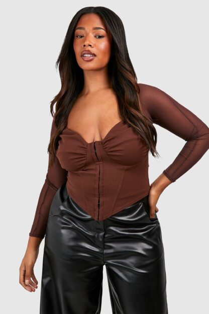 Womens Plus Mesh Sleeve Hook And Eye Corset Top - Brown - 16, Brown