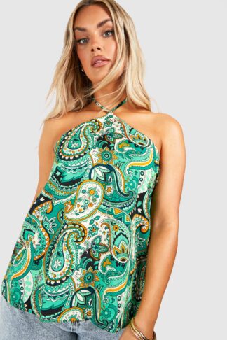 Womens Plus Paisley Halterneck Swing Cami Top - Green - 24, Green