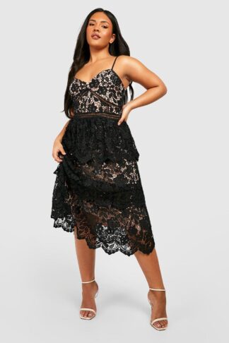 Womens Plus Premium Lace Peplum Skater Dress - Black - 16, Black