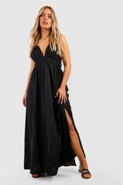 Womens Plus Ruffle Detail Plunge Maxi Dress - Black - 16, Black