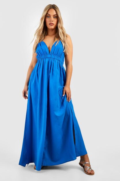 Womens Plus Ruffle Detail Plunge Maxi Dress - Blue - 16, Blue