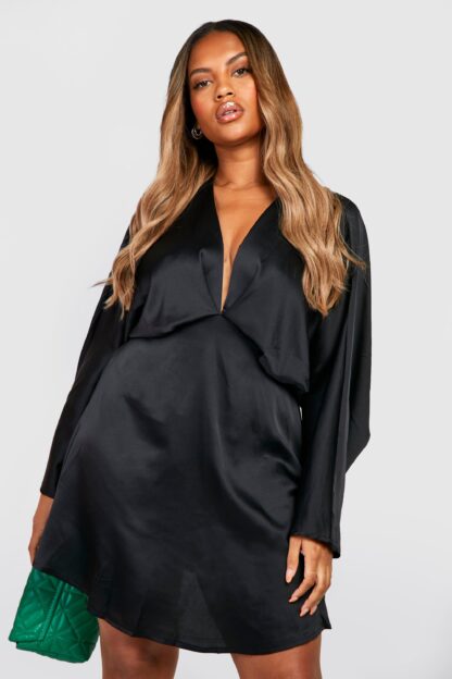 Womens Plus Satin Batwing Skater Dress - Black - 16, Black