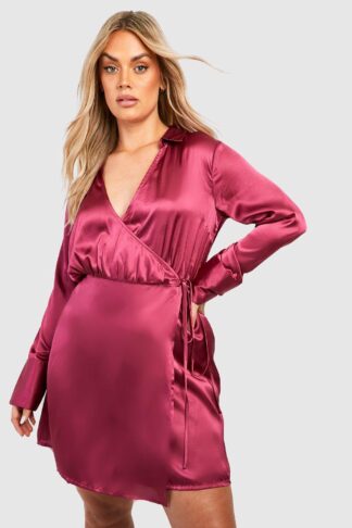 Womens Plus Satin Belted Wrap Dress - Purple - 16, Purple