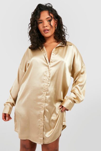 Womens Plus Satin Shirt Dress - Beige - 16, Beige