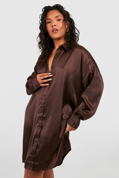 Womens Plus Satin Shirt Dress - Brown - 16, Brown