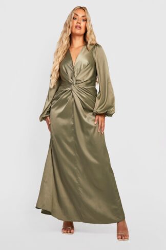 Womens Plus Satin Twist Front Blouson Sleeve Maxi Dress - Green - 16, Green