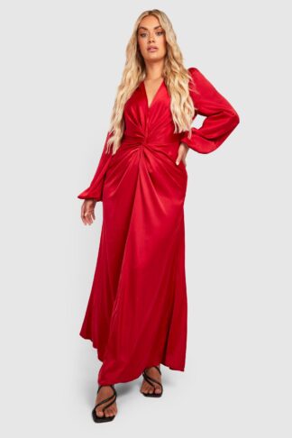 Womens Plus Satin Twist Front Blouson Sleeve Maxi Dress - Red - 16, Red