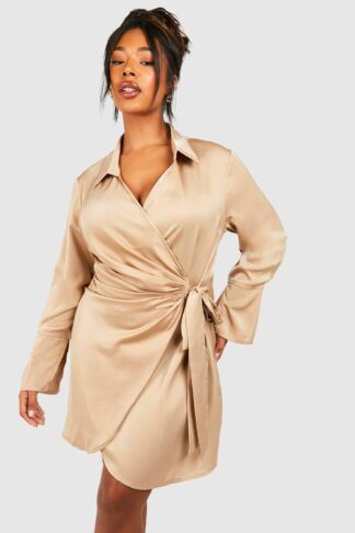 Womens Plus Satin Wrap Shirt Dress - Beige - 16, Beige