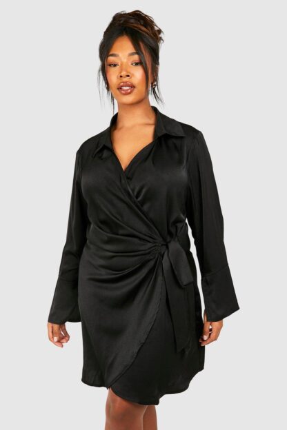 Womens Plus Satin Wrap Shirt Dress - Black - 22, Black