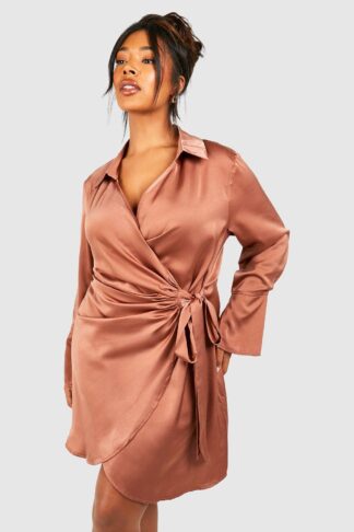 Womens Plus Satin Wrap Shirt Dress - Brown - 16, Brown