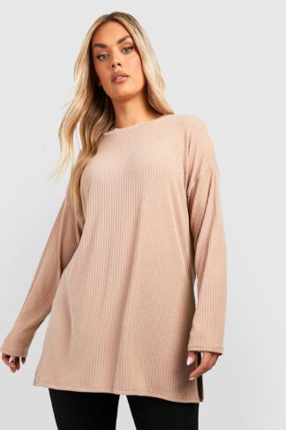 Womens Plus Soft Rib Long Sleeve Tunic Top - Beige - 16, Beige