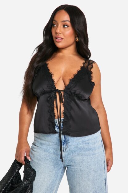 Womens Plus Tie Front Contrast Lace Trim Cami Top - Black - 16, Black