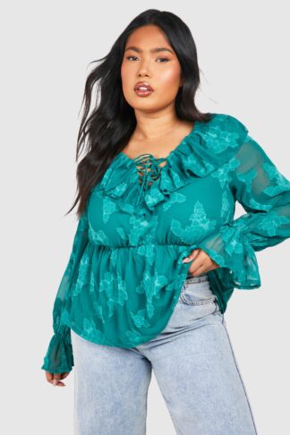 Womens Plus Woven Jaquard Frill Detail Long Sleeve Blouse - Green - 28, Green