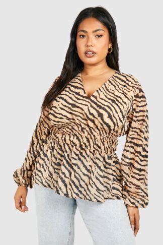 Womens Plus Zebra Print Elasticated Waist Blouse - Brown - 16, Brown