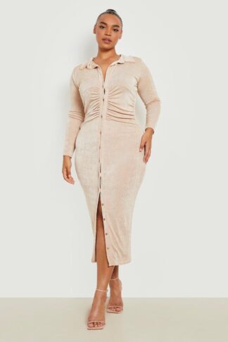 Womens Plus Acetate Slinky Midaxi Shirt Dress - Beige - 18, Beige