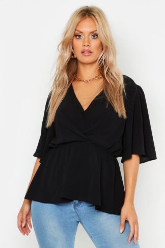 Womens Plus Angel Sleeve Peplum Blouse - Black - 16, Black