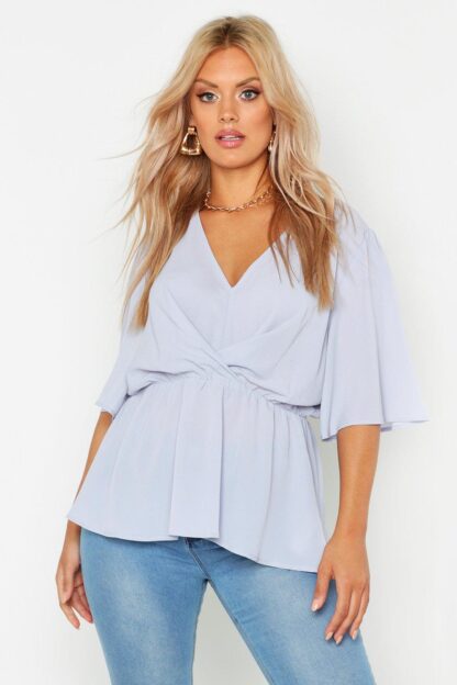 Womens Plus Angel Sleeve Peplum Blouse - Blue - 18, Blue