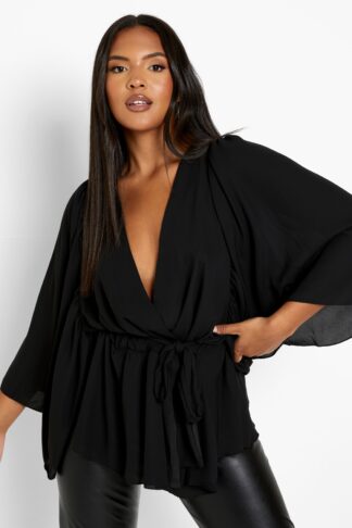 Womens Plus Angel Sleeve Wrap Peplum Blouse - Black - 16, Black