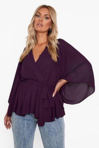 Womens Plus Angel Sleeve Wrap Peplum Blouse - Purple - 16, Purple