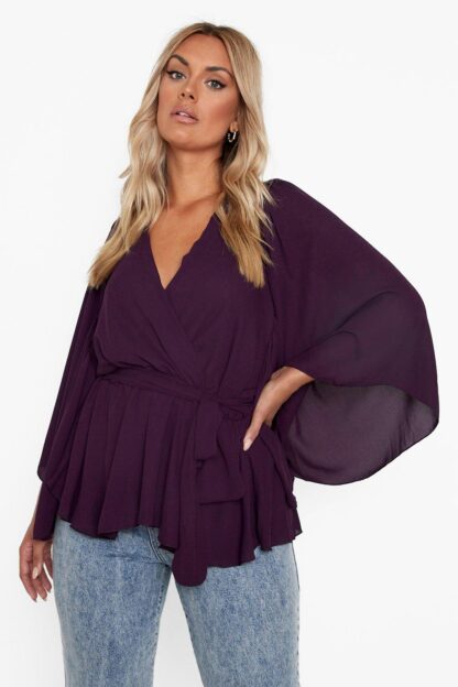 Womens Plus Angel Sleeve Wrap Peplum Blouse - Purple - 16, Purple