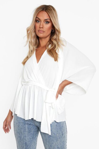 Womens Plus Angel Sleeve Wrap Peplum Blouse - White - 16, White