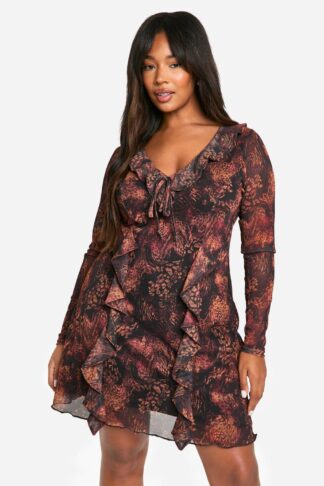 Womens Plus Animal Print Ruffle Shift Dress
