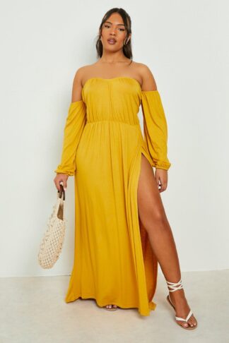 Womens Plus Bardot Balloon Sleeve Maxi Dress - Yellow - 20, Yellow