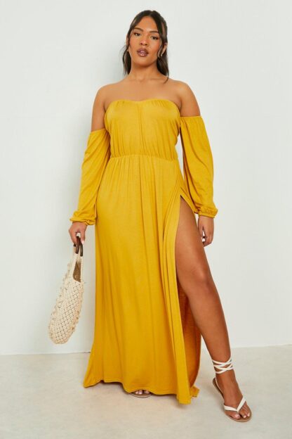 Womens Plus Bardot Balloon Sleeve Maxi Dress - Yellow - 20, Yellow