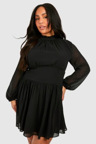 Womens Plus Chiffon Blouson Sleeve Skater Dress - Black - 16, Black