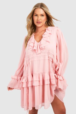 Womens Plus Chiffon Ruffle Layer Skater Dress - Pink - 18, Pink