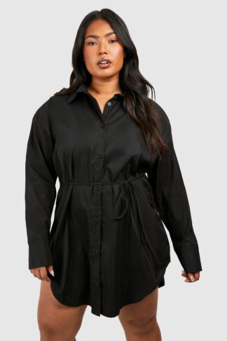 Womens Plus Cinched Waist Shoulder Pad Shirt Dress - Black - 22, Black