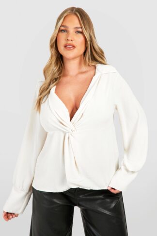 Womens Plus Collared Twist Front Blouse - Cream - 16, Cream