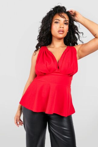 Womens Plus Corset Detail Peplum Top - Red - 16, Red