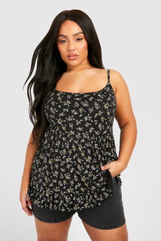 Womens Plus Ditsy Floral Tiered Smock Cami Top - Black - 20, Black