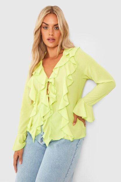 Womens Plus Double Ruffle Frill Blouse - Green - 16, Green